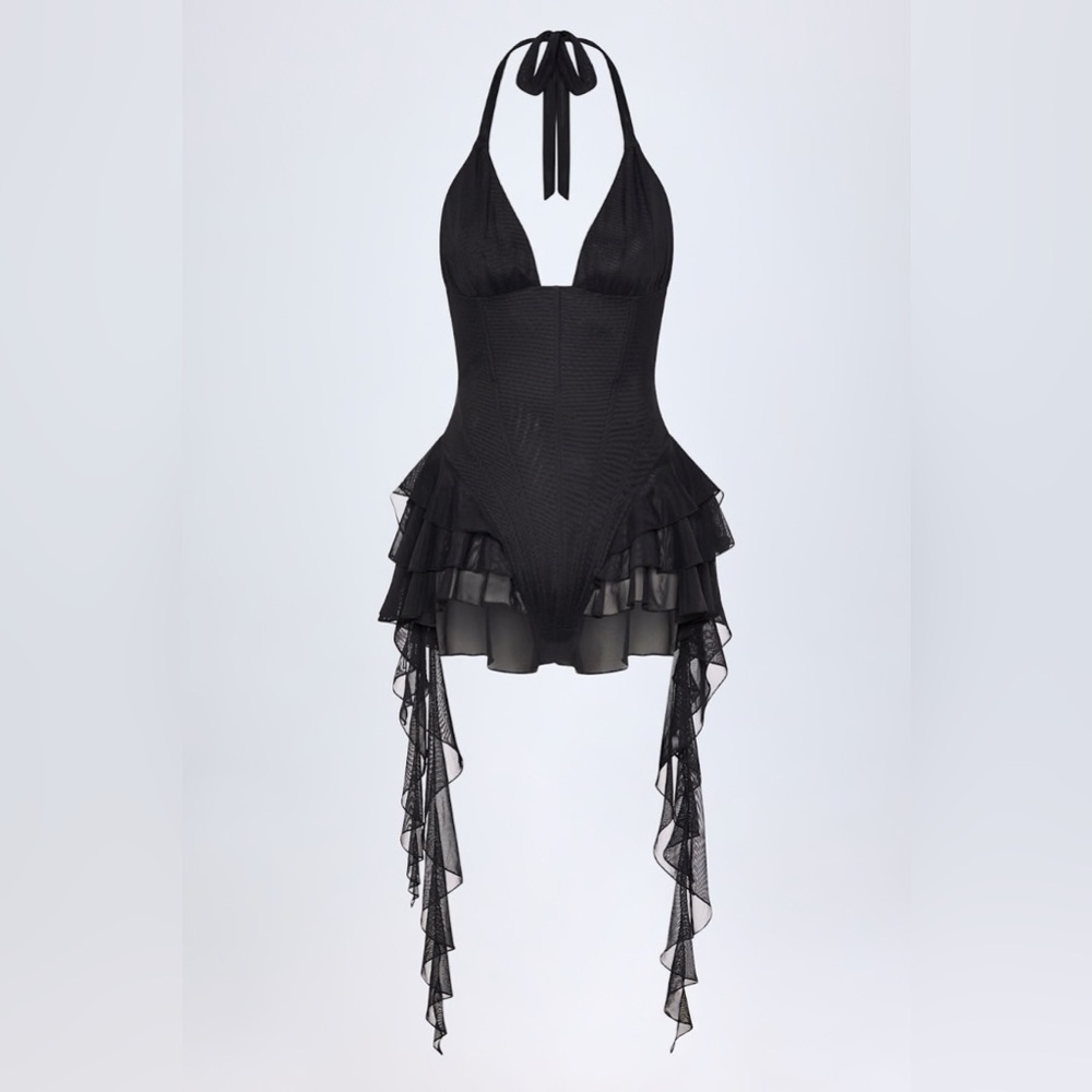 Oh Polly Black Halter Neck Ruffled Bodysuit
